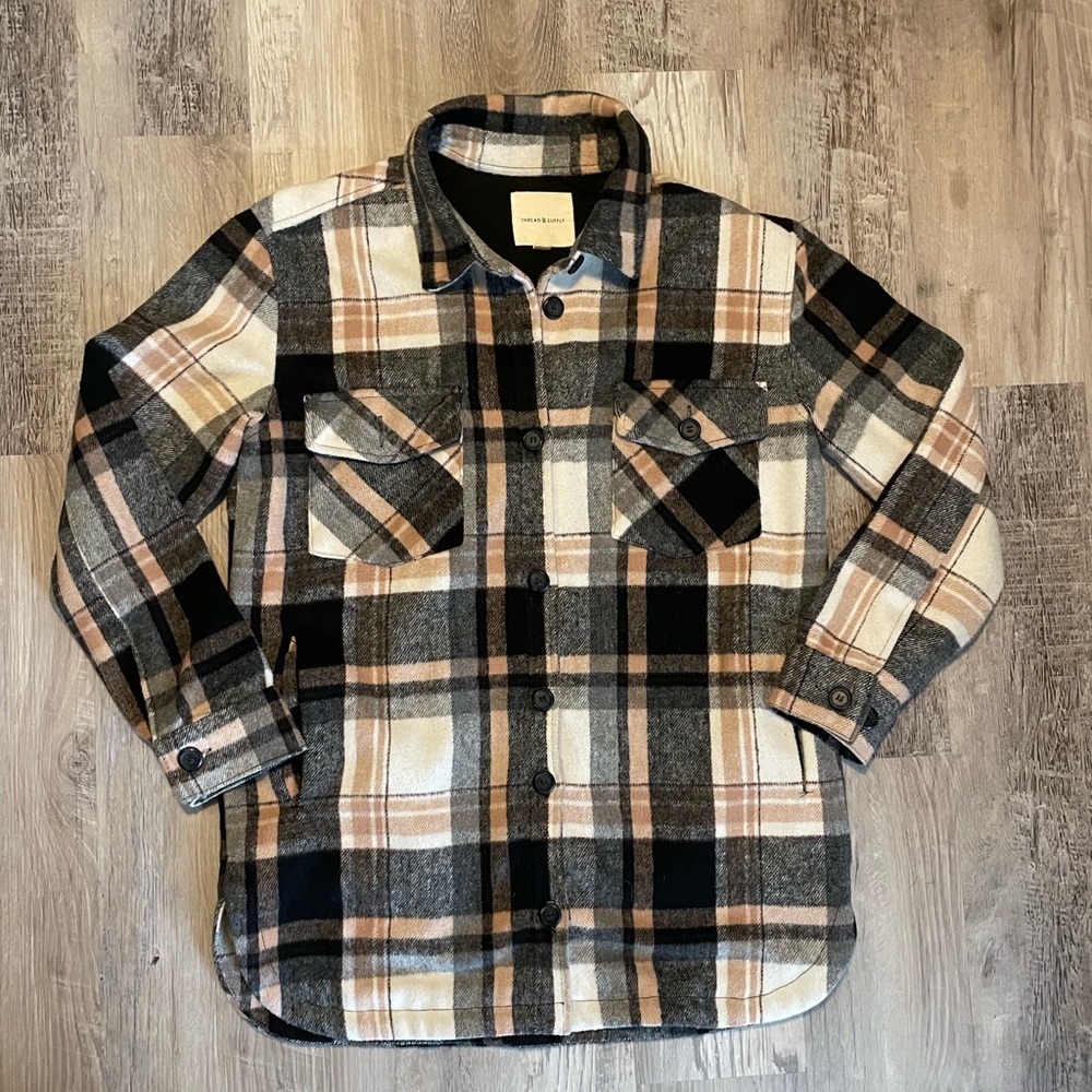 Thread & Supply Long Line Plaid Flannel Shirt Jacket | Medium | Black White Tan